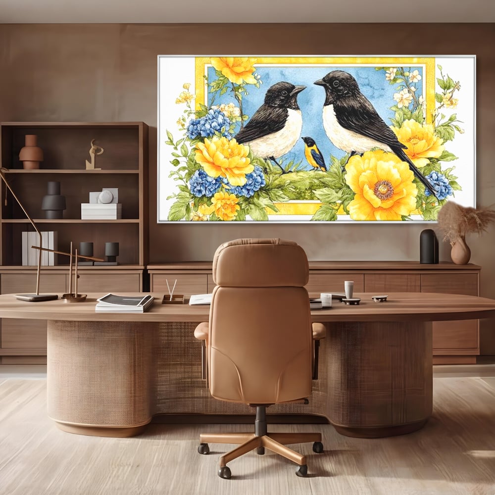 Tablou canvas cu tablou canvas cu pasari si flori, in rama de aluminiu argintiu, pe perete intr-un birou